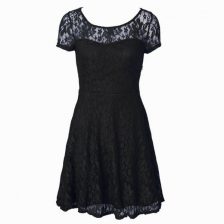 Classical Scoop Black Organza Side Zipper Prom Dress Short Sleeves Tea Length Lace