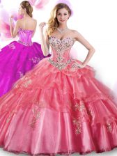 Fantastic Sleeveless Organza Floor Length Lace Up Sweet 16 Dress in Coral Red with Beading and Appliques