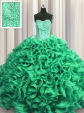  Visible Boning Turquoise Lace Up 15 Quinceanera Dress Beading and Ruffles Sleeveless Floor Length