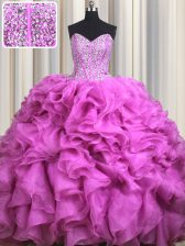  Visible Boning Fuchsia Sweetheart Lace Up Beading and Ruffles Sweet 16 Quinceanera Dress Brush Train Sleeveless