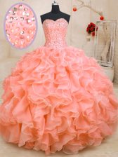  Pink Vestidos de Quinceanera Military Ball and Sweet 16 and Quinceanera with Beading and Ruffles Sweetheart Sleeveless Lace Up
