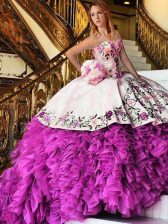  Pink And White Organza Lace Up Sweet 16 Dresses Sleeveless Floor Length Appliques and Embroidery