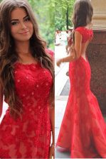  Mermaid Scoop Red Cap Sleeves With Train Lace and Appliques Backless Prom Dresses