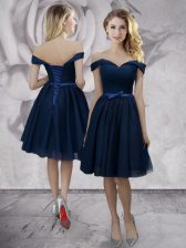  Off the Shoulder Navy Blue Chiffon Lace Up Prom Party Dress Sleeveless Knee Length Bowknot