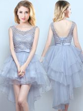 Beautiful Scoop Grey Sleeveless High Low Lace and Ruffles and Belt Lace Up Court Dresses for Sweet 16