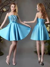  Sleeveless Satin Mini Length Lace Up Dama Dress in Baby Blue with Appliques and Bowknot
