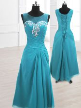  Teal Chiffon Lace Up Scoop Sleeveless Floor Length Prom Dress Beading and Ruching