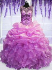 Fancy Lilac Sweet 16 Dress Military Ball and Sweet 16 and Quinceanera with Beading and Pick Ups Scoop Sleeveless Lace Up