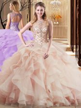 Simple Scoop Tulle Sleeveless Quinceanera Dresses Brush Train and Beading and Ruffles