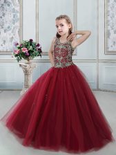 Classical Wine Red Ball Gowns Scoop Sleeveless Tulle Floor Length Lace Up Beading Little Girls Pageant Dress