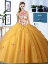 Modest Pick Ups Ball Gowns 15 Quinceanera Dress Gold Halter Top Tulle Sleeveless Floor Length Lace Up