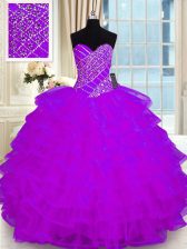 Fitting Purple Ball Gowns Organza Sweetheart Sleeveless Beading and Ruffled Layers Floor Length Lace Up Sweet 16 Dress