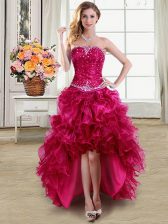  Fuchsia Strapless Lace Up Beading and Ruffles Prom Evening Gown Sleeveless