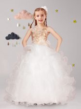 Extravagant Halter Top Sleeveless Organza Floor Length Lace Up Flower Girl Dresses for Less in White with Beading and Ruffles and Hand Made Flower