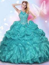  Halter Top Sleeveless 15th Birthday Dress Floor Length Appliques and Ruffles and Pick Ups Teal Organza and Taffeta