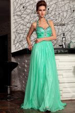 Custom Fit Halter Top Chiffon Sleeveless Prom Dresses Sweep Train and Beading