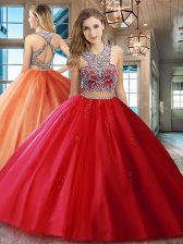  Scoop Red Tulle Criss Cross 15 Quinceanera Dress Sleeveless With Brush Train Beading and Appliques