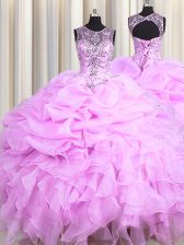 Designer See Through Lilac Ball Gowns Scoop Sleeveless Organza Floor Length Lace Up Beading and Ruffles and Pick Ups Quinceanera Dress