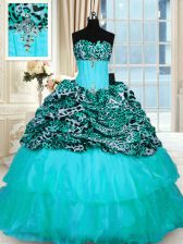  Strapless Sleeveless Sweet 16 Dress Sweep Train Beading and Ruffled Layers Aqua Blue Organza and Printed