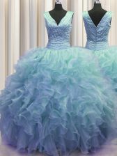 Nice V Neck Zipper Up Baby Blue Zipper 15 Quinceanera Dress Ruffles Sleeveless Floor Length