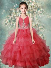 Best Halter Top Sleeveless Zipper Floor Length Beading and Ruffled Layers Little Girls Pageant Dress