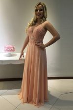 Fantastic Peach A-line Scoop Sleeveless Chiffon With Train Sweep Train Zipper Beading and Lace Evening Dress