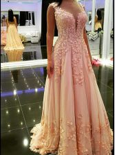  Sleeveless Floor Length Appliques Backless Prom Dresses with Peach
