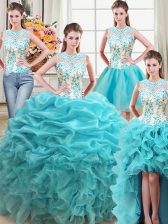  Four Piece Organza Scoop Sleeveless Lace Up Beading and Ruffles Quinceanera Gowns in Aqua Blue