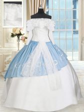 Superior Off the Shoulder Blue And White Taffeta Lace Up Sweet 16 Dresses Long Sleeves Floor Length Lace and Bowknot