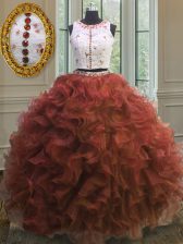 Designer Rust Red Quinceanera Gowns Military Ball and Sweet 16 and Quinceanera with Appliques and Ruffles Scoop Sleeveless Clasp Handle