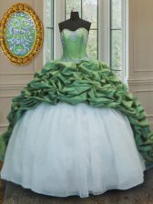 Glamorous Green Quinceanera Gown Military Ball and Sweet 16 and Quinceanera with Beading and Appliques and Pick Ups Sweetheart Sleeveless Sweep Train Lace Up