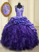  Purple Quince Ball Gowns Military Ball and Sweet 16 and Quinceanera with Beading and Ruffles and Pick Ups Straps Cap Sleeves Brush Train Lace Up