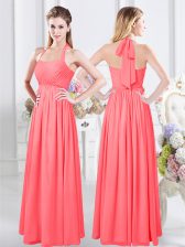 Sweet Halter Top Watermelon Red Sleeveless Ruching Floor Length Damas Dress
