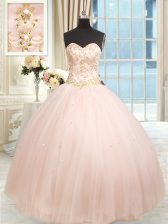  Baby Pink Satin and Tulle Lace Up Quinceanera Gown Sleeveless Floor Length Beading and Embroidery
