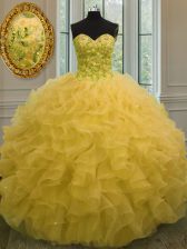  Gold Sweetheart Neckline Beading and Ruffles 15th Birthday Dress Sleeveless Lace Up