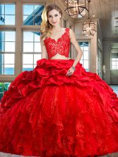  V-neck Sleeveless Quince Ball Gowns Brush Train Lace and Ruffles and Pick Ups Red Taffeta and Tulle