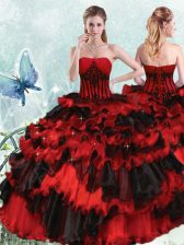 Discount Red And Black Strapless Lace Up Appliques and Ruffled Layers Quince Ball Gowns Sleeveless