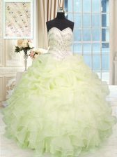 Elegant Light Yellow Ball Gowns Beading and Ruffles Quinceanera Gowns Lace Up Organza Sleeveless Floor Length