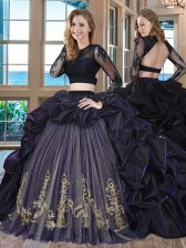  Purple Two Pieces Taffeta Scoop Long Sleeves Embroidery and Pick Ups With Train Backless Sweet 16 Dress Brush Train