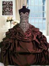 Shining Burgundy Ball Gown Prom Dress Military Ball and Sweet 16 and Quinceanera with Beading and Embroidery and Pick Ups Sweetheart Sleeveless Zipper