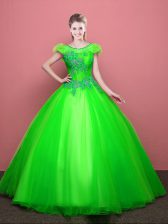 Scoop Short Sleeves Appliques Lace Up Quinceanera Gown