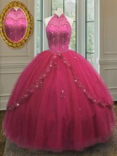  Halter Top Tulle Sleeveless Floor Length 15 Quinceanera Dress and Beading and Appliques