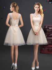  Scoop Champagne Sleeveless Mini Length Lace and Appliques and Belt Lace Up Vestidos de Damas