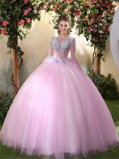  Scoop Lilac Long Sleeves Appliques Floor Length Vestidos de Quinceanera