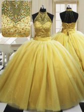 Glamorous Yellow Ball Gowns High-neck Sleeveless Tulle With Train Sweep Train Lace Up Beading Sweet 16 Dress