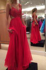 Lovely Red V-neck Backless Beading Sleeveless