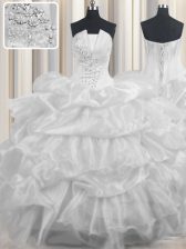  White Organza Lace Up Strapless Sleeveless Floor Length 15th Birthday Dress Beading and Ruffled Layers and Pick Ups