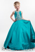 Sweet A-line Little Girls Pageant Gowns Teal Scoop Satin Sleeveless Floor Length Zipper