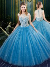Custom Made Lace Quinceanera Gown Blue Zipper Sleeveless Floor Length