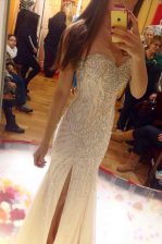 Clearance Mermaid Floor Length Zipper Prom Dress Champagne for Prom and Party with Beading and Ruching